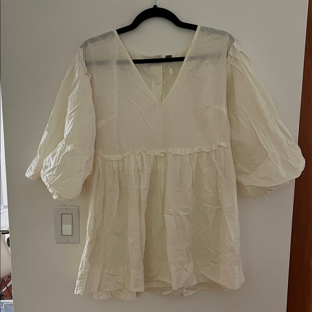 Free People Cream V-Neck Puff Sleeve Babydoll Top